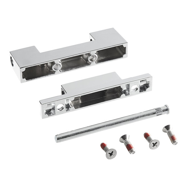 A silver metal Metro hinge assembly with screws.