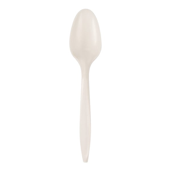 A single white plastic spoon is shown against a plain white background.