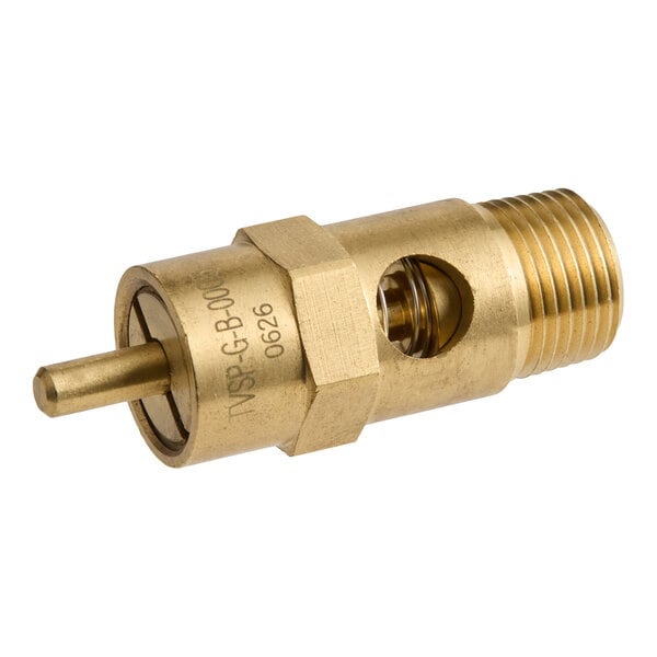 A brass pressure relief valve with a threaded end and a visible spring mechanism inside.