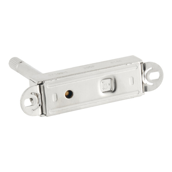 A metal thermostat component with a rectangular mounting plate and a protruding adjustment shaft.