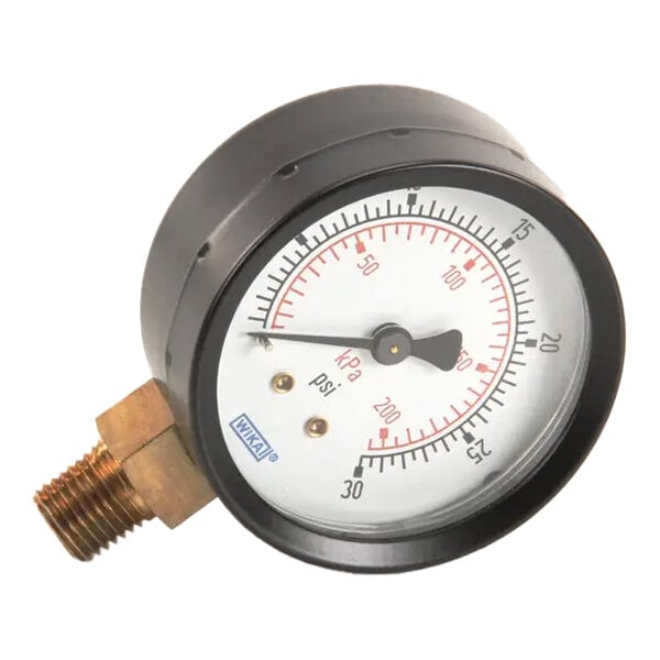 A round analog pressure gauge with a black casing, brass connector, and dual scale for kPa and psi readings.