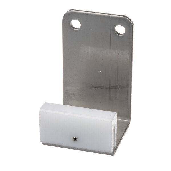 A metal bracket with a white plastic block.