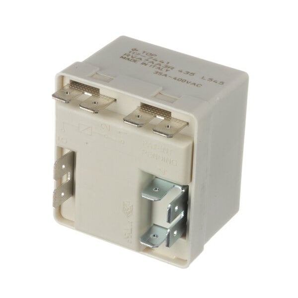 A white square Hoshizaki start relay with metal connectors.