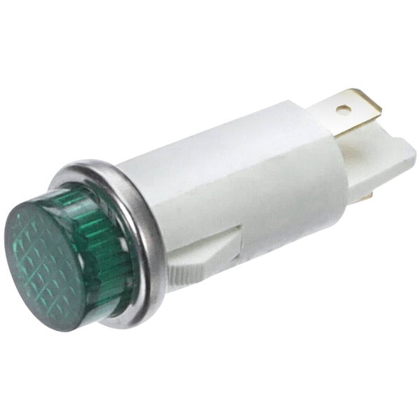 A close-up of a green Crown Steam pilot light on a white background.