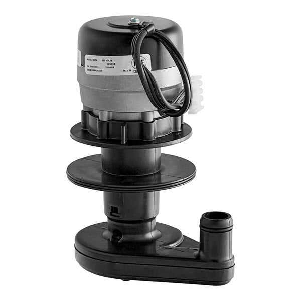 A black and silver Manitowoc Ice water pump with a black and white label.
