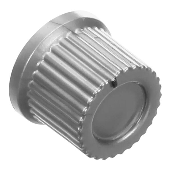 A silver metal Vollrath push knob with a set screw and a hole in it.