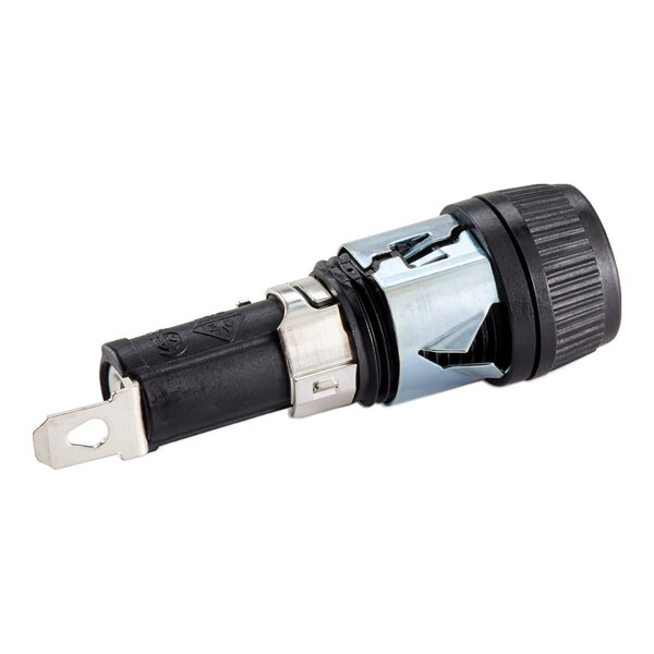 A cylindrical fuse holder with a black plastic and metal body, featuring a knurled cap and metal mounting bracket.