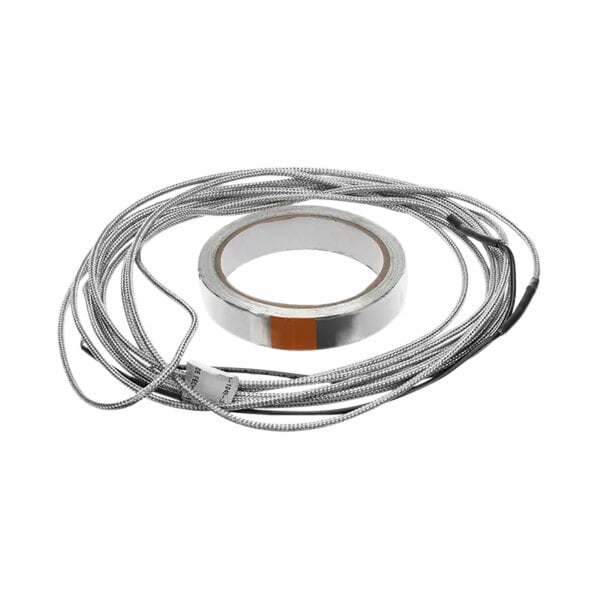 A roll of silver tape with orange and silver wire inside.