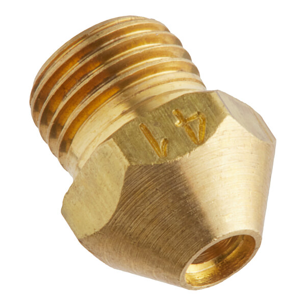 A close-up of a brass threaded Vulcan orifice with a gold nut and a small hole.