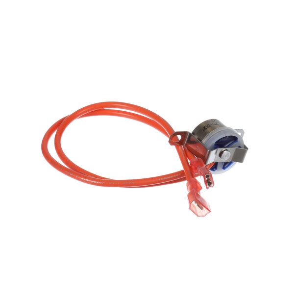 A red cable with a round metal object.
