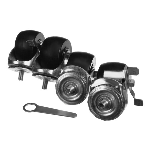 A group of black casters with metal pins.