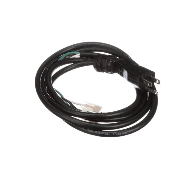 A black electrical cord with a white plug.