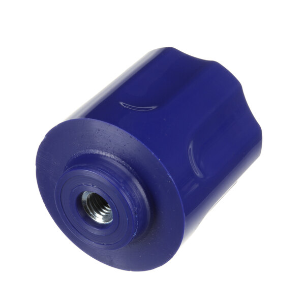 A blue plastic Globe knob with a nut.