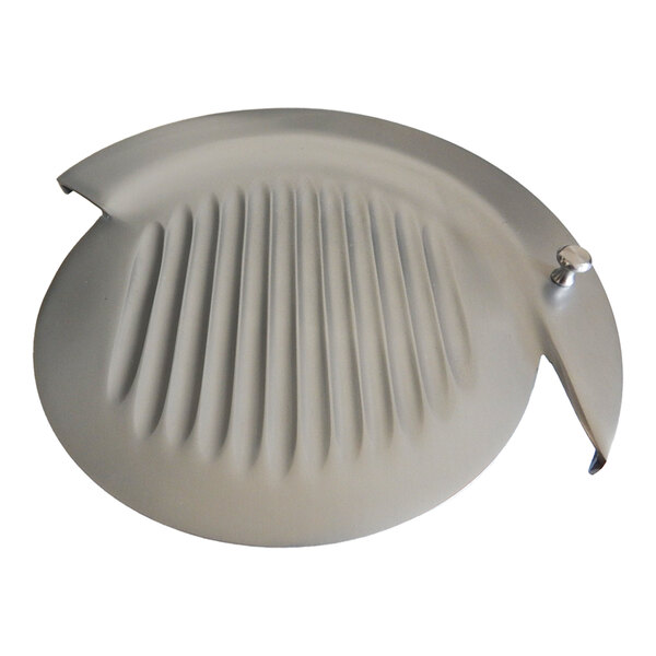A round metal knife cover with ridges and a notched edge, designed for Globe slicers.