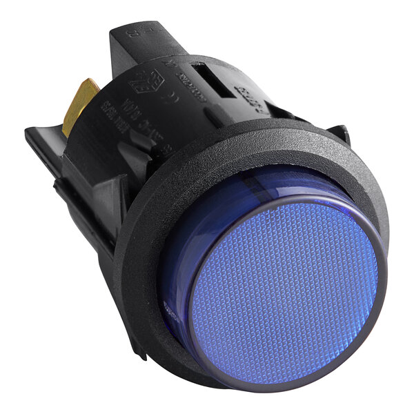 A blue push button switch with a black base.