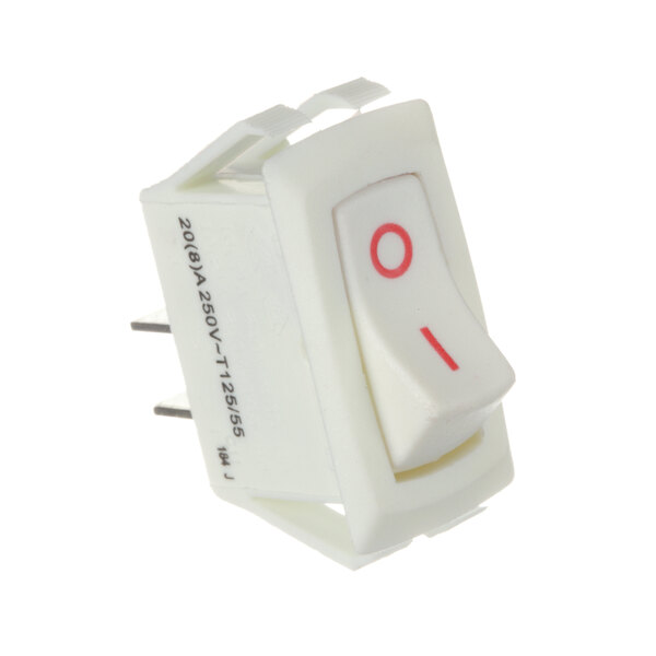 A close-up of a white Follett Corporation on/off switch with red letters.