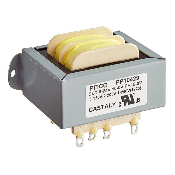 A small grey Pitco transformer with yellow plastic parts.