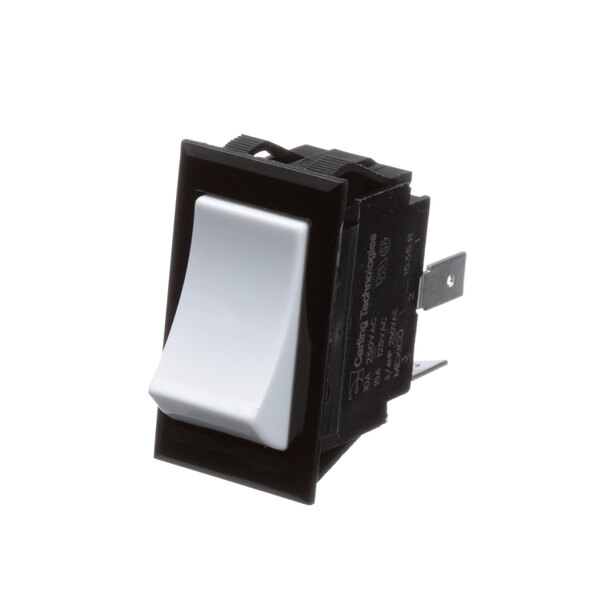 A close-up of a white Pitco rocker switch.