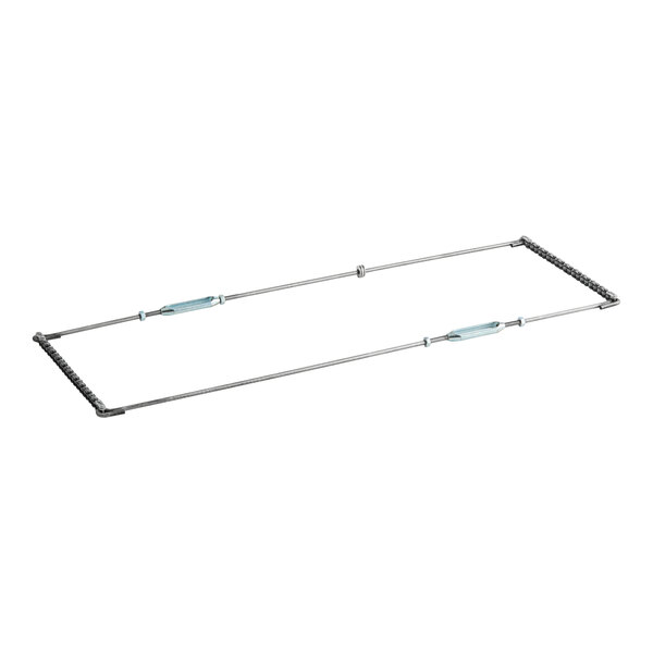 A metal bar with a metal frame and blue handles.