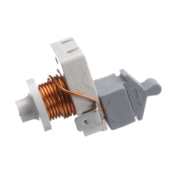 A white and copper wire connector with a screw.