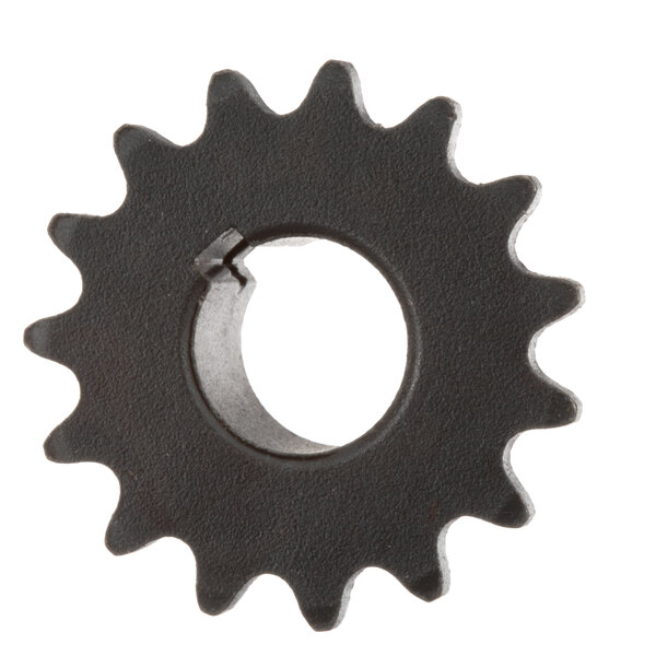 A black sprocket with a hole in the middle.