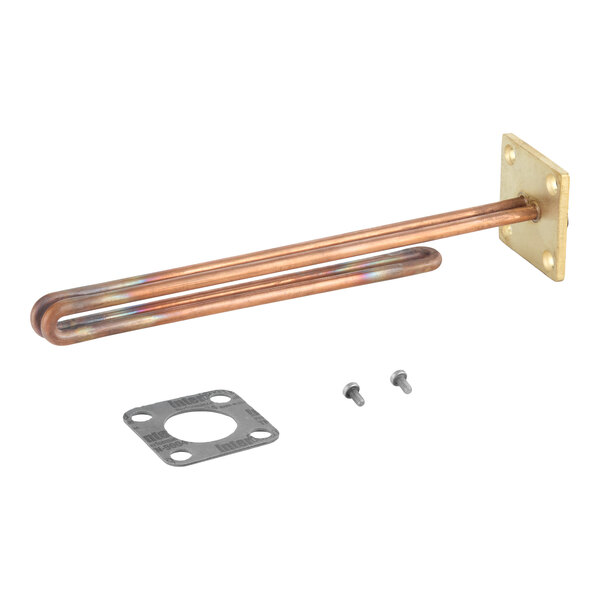 A copper heating element with a mounting plate, gasket, and two screws, designed for electrical heating applications.