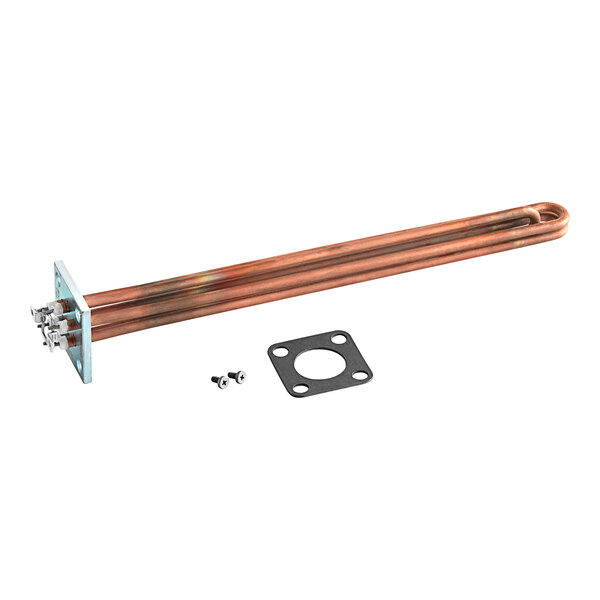 A heating element with screws and bolts attached to a copper tube.