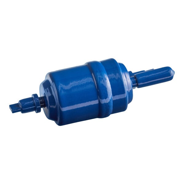 A blue cylindrical component with two protruding connectors on either end, likely a filter or drier used in refrigeration systems.