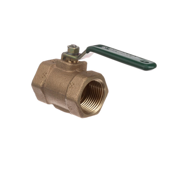 A close-up of a Cleveland brass butterfly valve with a green handle.