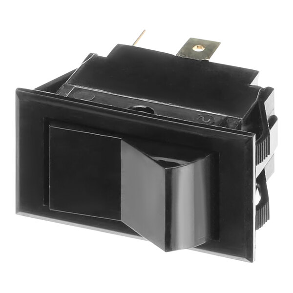A black rectangular Montague rocker switch with a black cover.