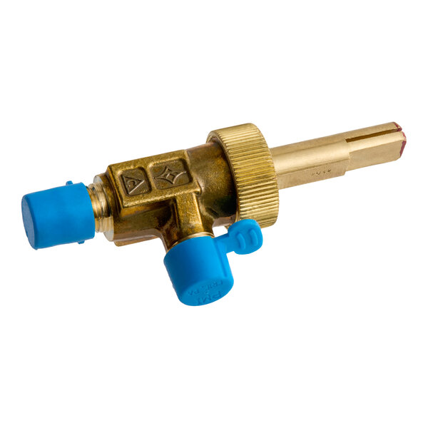 A brass valve component with blue plastic caps on two ends and a knurled adjustment ring.