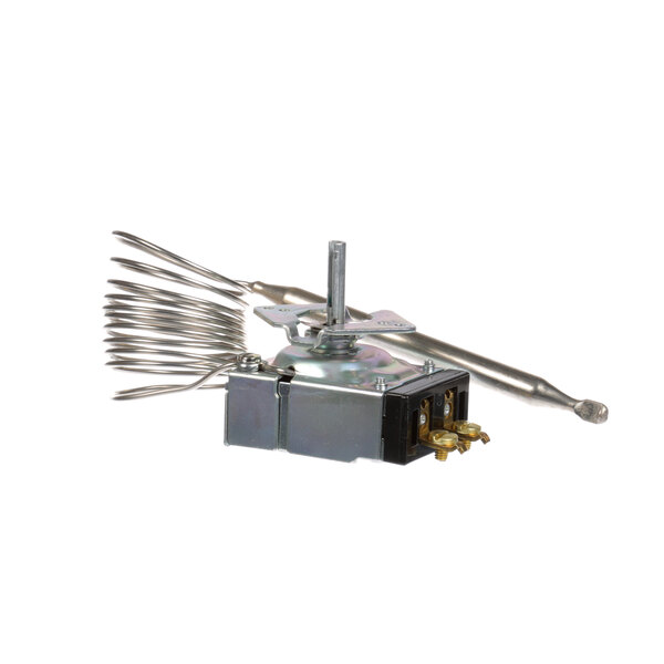 The Imperial 38010 Thermostat with a 60 inch probe, a small metal thermostat with a wire attached.