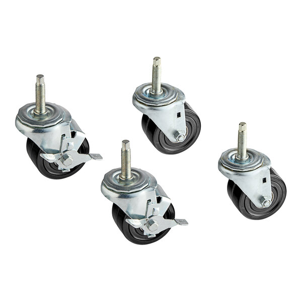 A set of four Beverage-Air black stem casters with black rubber wheels.