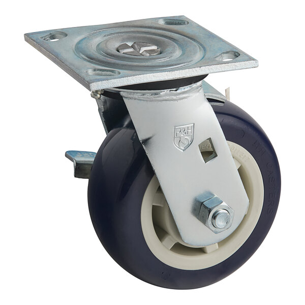 A Food Warming Equipment castor with a blue and white swivel wheel and metal plate.