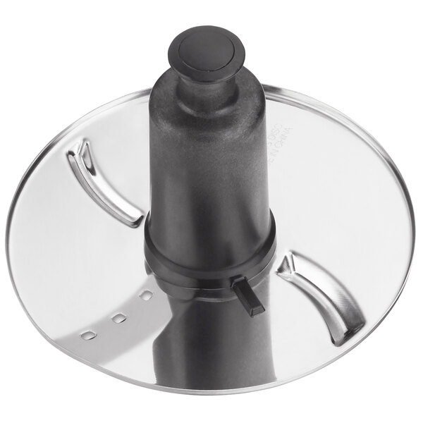 A close-up of a black Waring whipping disc with a round base.