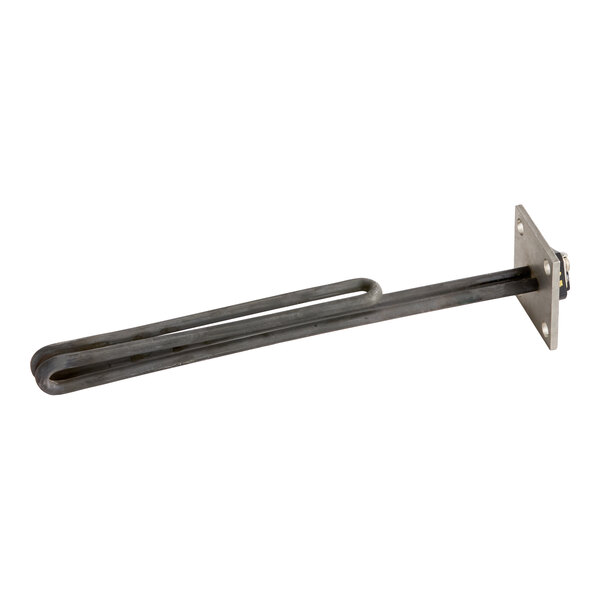 A metal heating element with a rectangular mounting plate and a long, U-shaped rod.