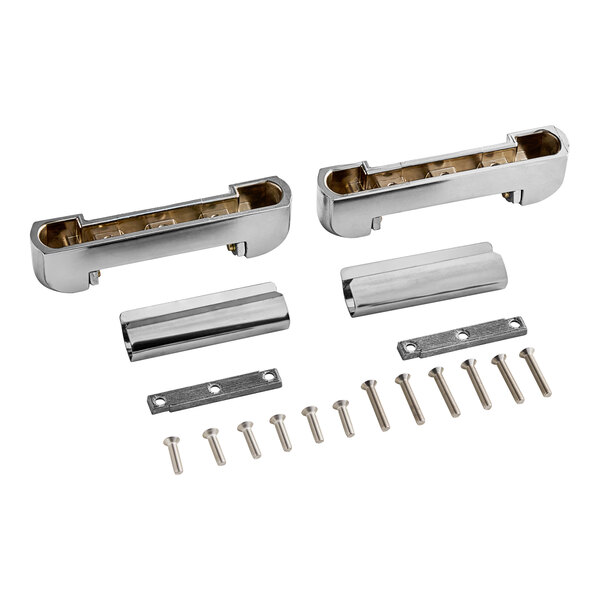 A pair of silver metal Alto-Shaam hinges.