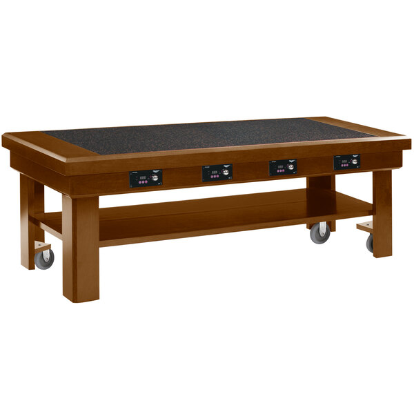 a wooden table with four black buttons