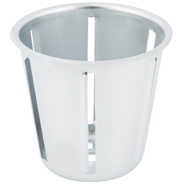 A silver metal cone with holes on a white background.