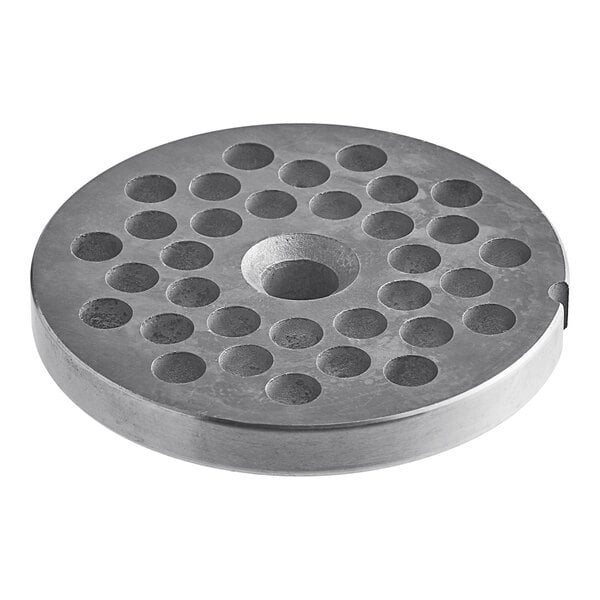 A circular metal Vollrath pressure plate with holes in it.