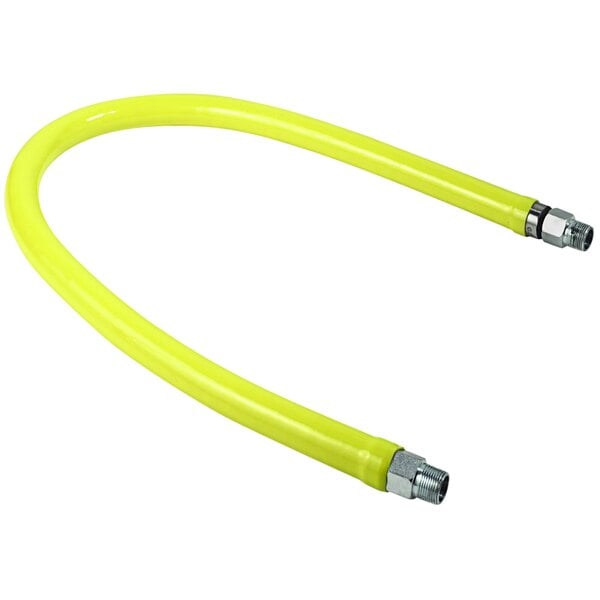 A yellow flexible hose with silver metal fittings on each end.