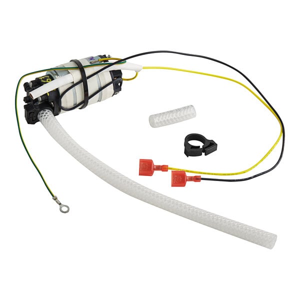 A Bunn Brew Water Pump with a white and yellow wire harness, and a hose.