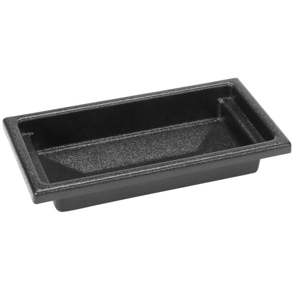 A black rectangular plastic drip tray with a handle.