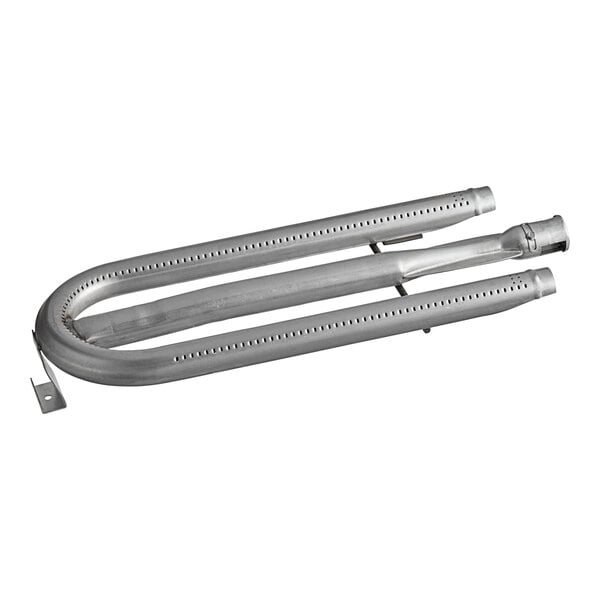 A stainless steel US Range oven burner assembly with a metal pipe.