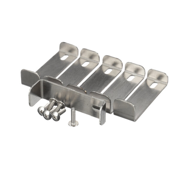 A close-up of a metal piece with screws and bolts.