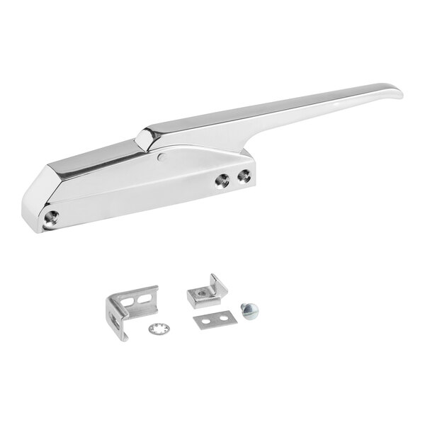 A chrome metal Edgemount door latch handle for a Food Warming Equipment holding cabinet.