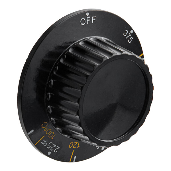 A black Pitco knob with yellow numbers.