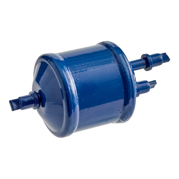 A cylindrical blue metal component with two protruding nozzles on either end, likely a filter or dryer part.