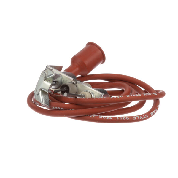 A red cable with a metal connector attached to a red wire with clip.