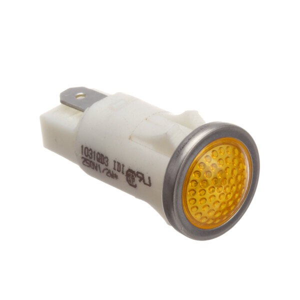 A close-up of a Legion round indicator light with a white LED bulb and yellow lens.